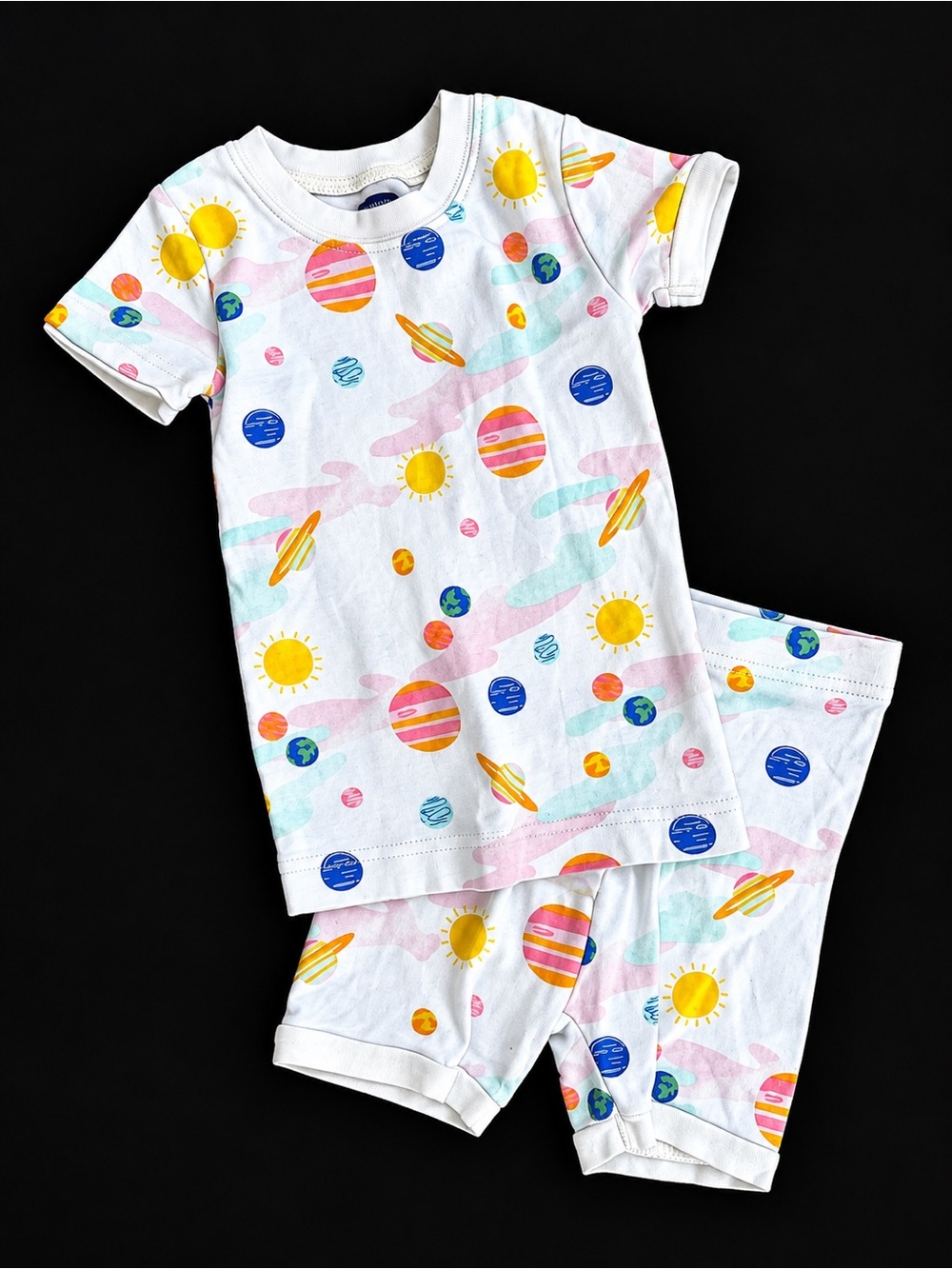 Old Navy White Kids' Space Planet Pajama Set with Yellow Suns and Blue Planets